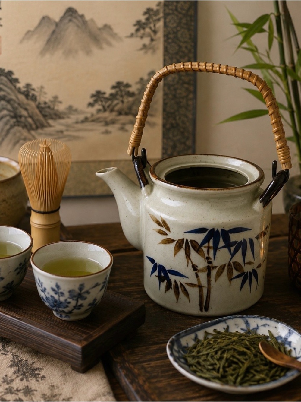 Vintage Japanese Stoneware Teapot Bamboo Handle Hand Painted Bamboo Motif